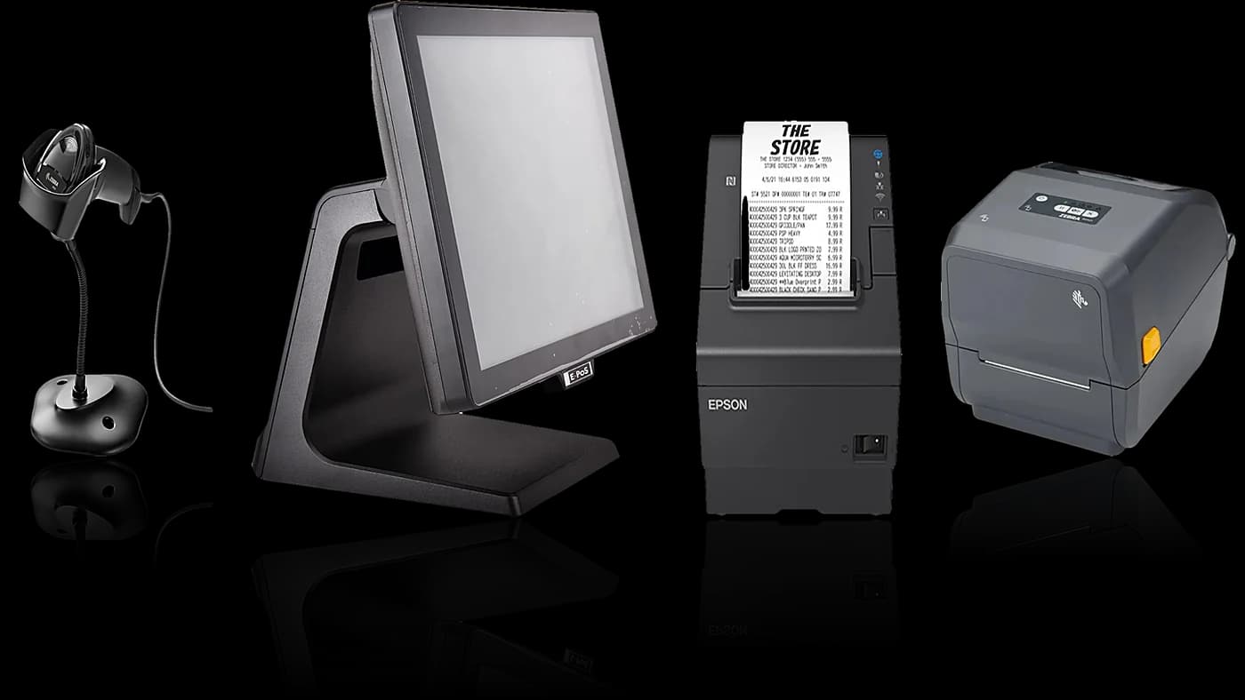 Zebra DS2208 scanner, EPOS Xtreme V2 POS terminal, Epson TM-T88VII receipt printer and Zebra ZD421 label printer